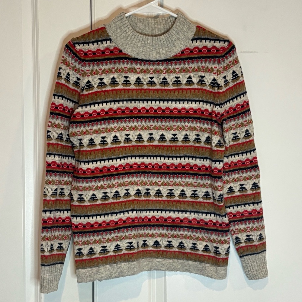 J. Crew Gray Navy Red Mock Neck Fairisle Stripe Sweater S